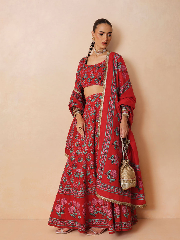 Women Red Floral Round Neck Crop Top With Anarkali Skirt &amp; Dupatta