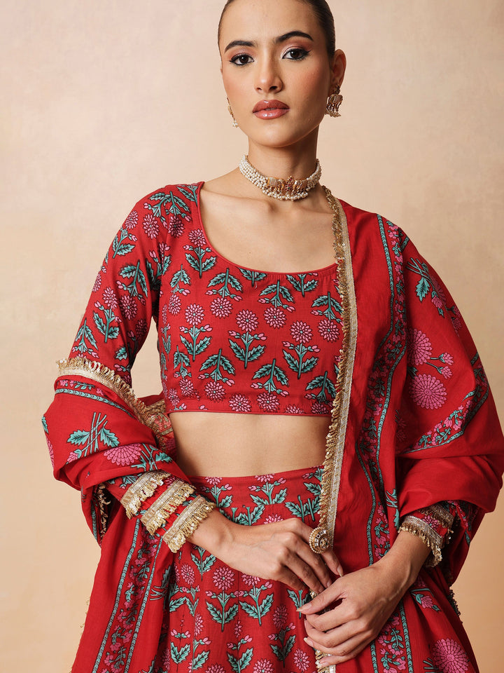 Women Red Floral Round Neck Crop Top With Anarkali Skirt &amp; Dupatta
