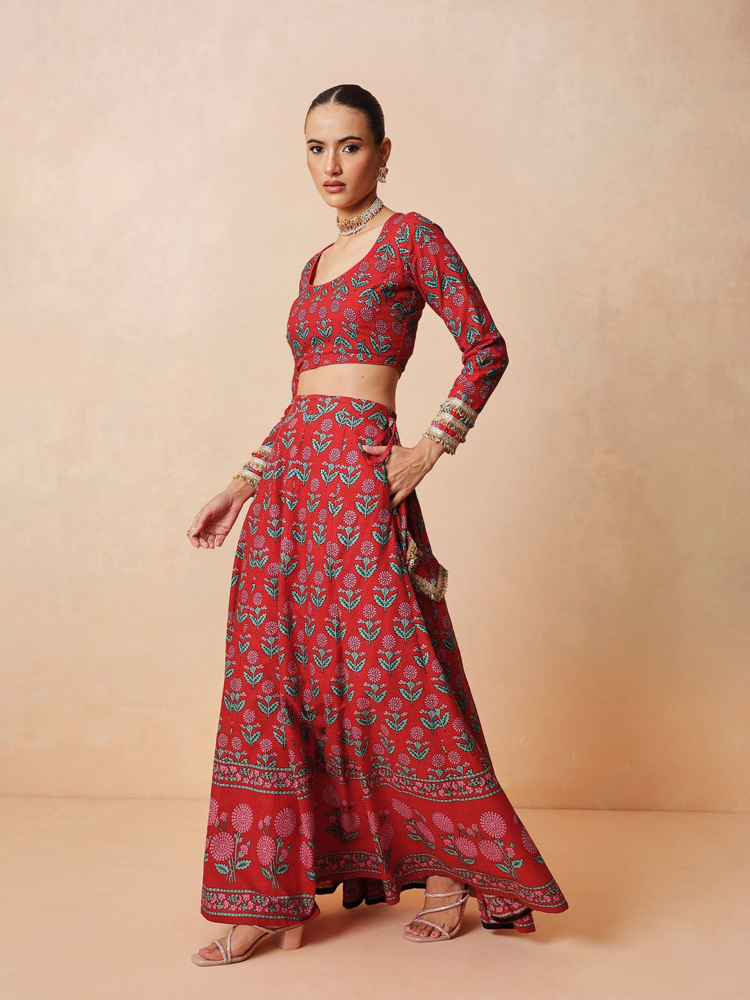 Women Red Floral Round Neck Crop Top With Anarkali Skirt &amp; Dupatta