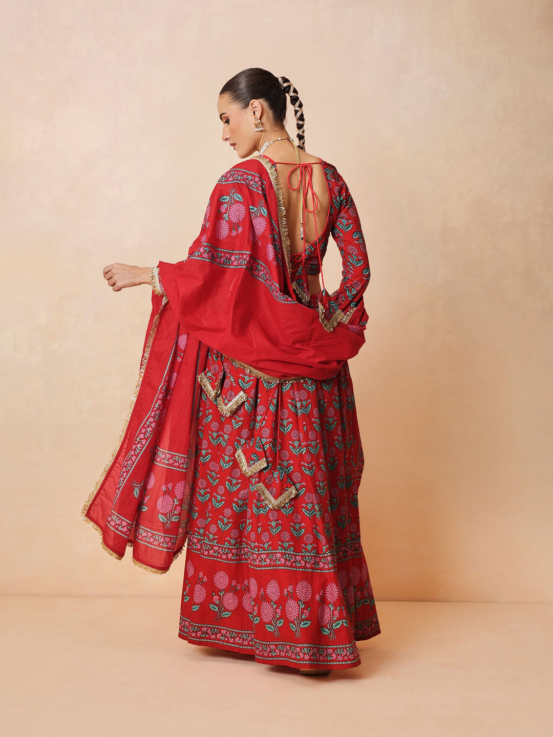 Women Red Floral Round Neck Crop Top With Anarkali Skirt &amp; Dupatta