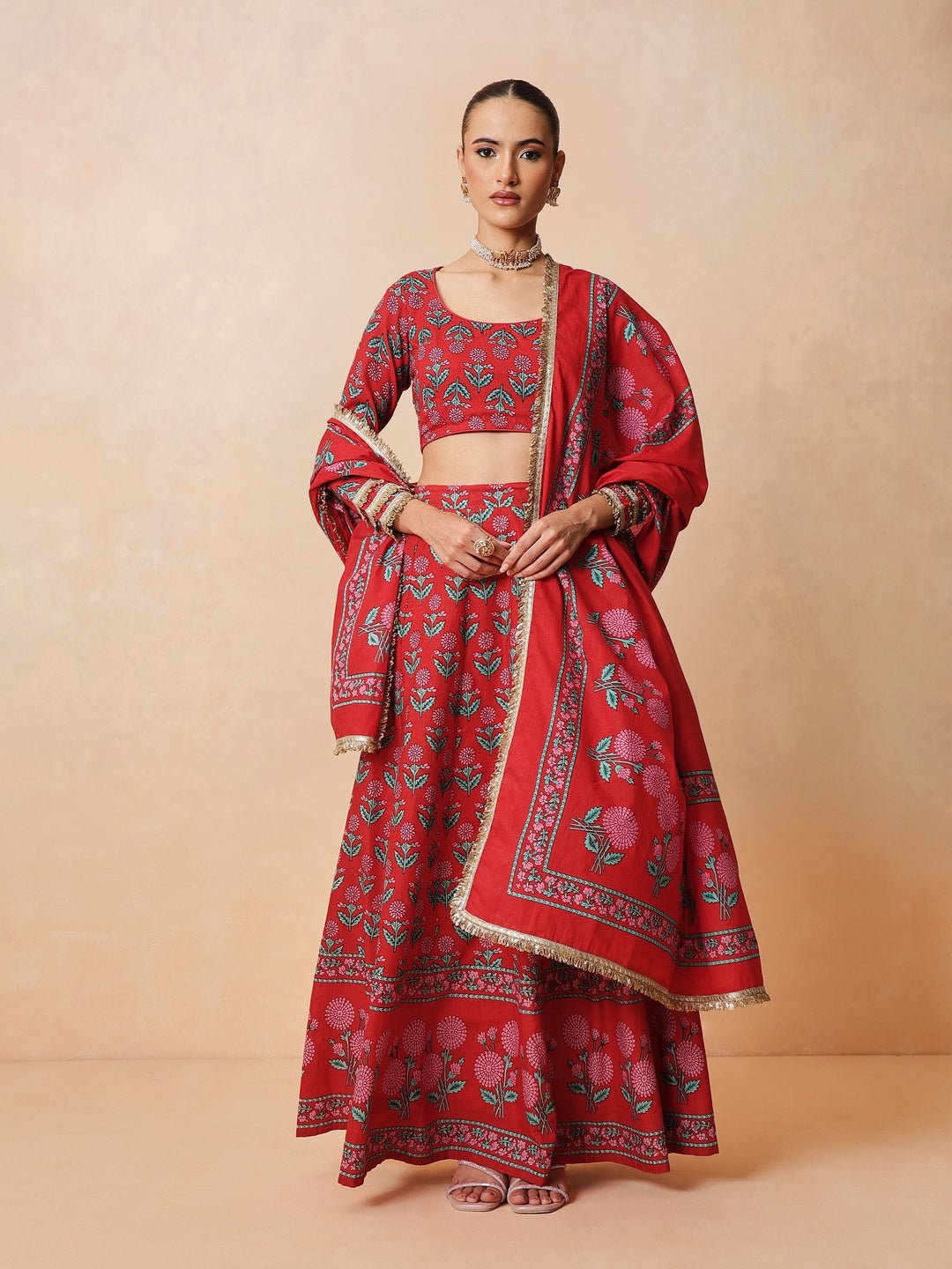 Women Red Floral Round Neck Crop Top With Anarkali Skirt &amp; Dupatta