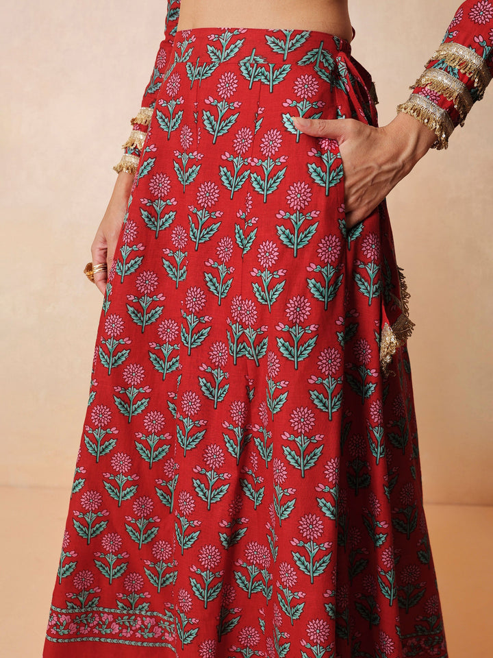 Women Red Floral Round Neck Crop Top With Anarkali Skirt &amp; Dupatta
