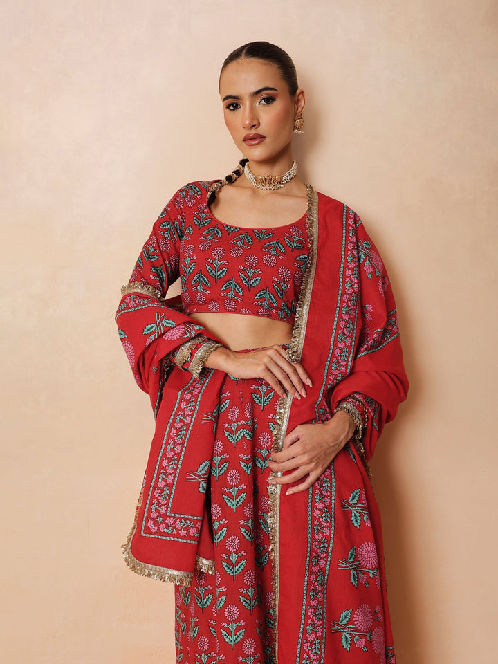 Women Red Floral Round Neck Crop Top With Anarkali Skirt &amp; Dupatta