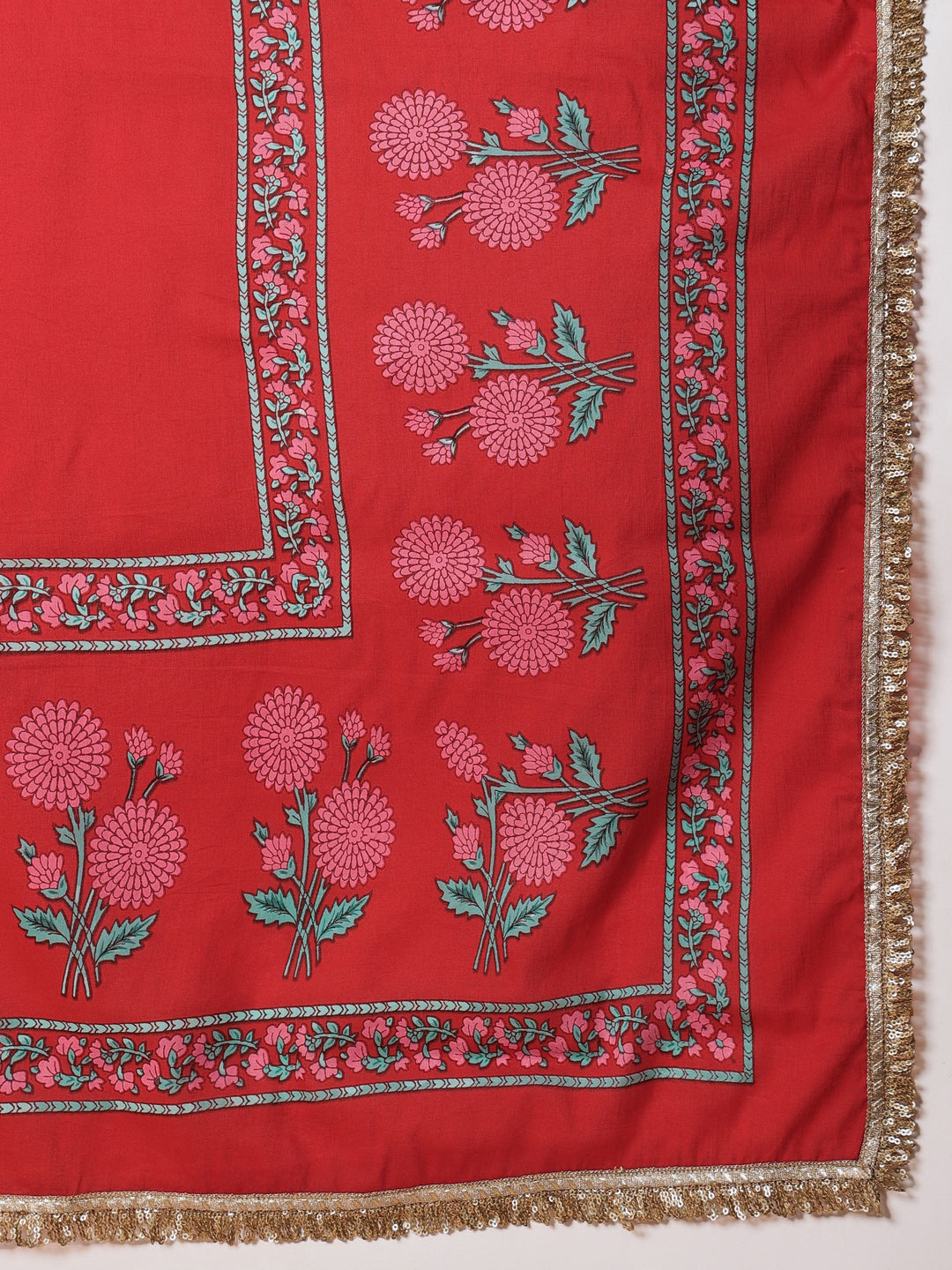 Women Red Floral Round Neck Crop Top With Anarkali Skirt &amp; Dupatta
