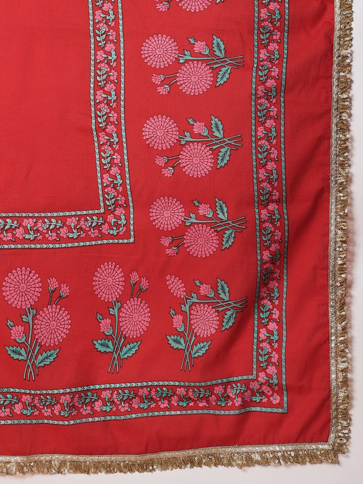 Women Red Floral Round Neck Crop Top With Anarkali Skirt &amp; Dupatta