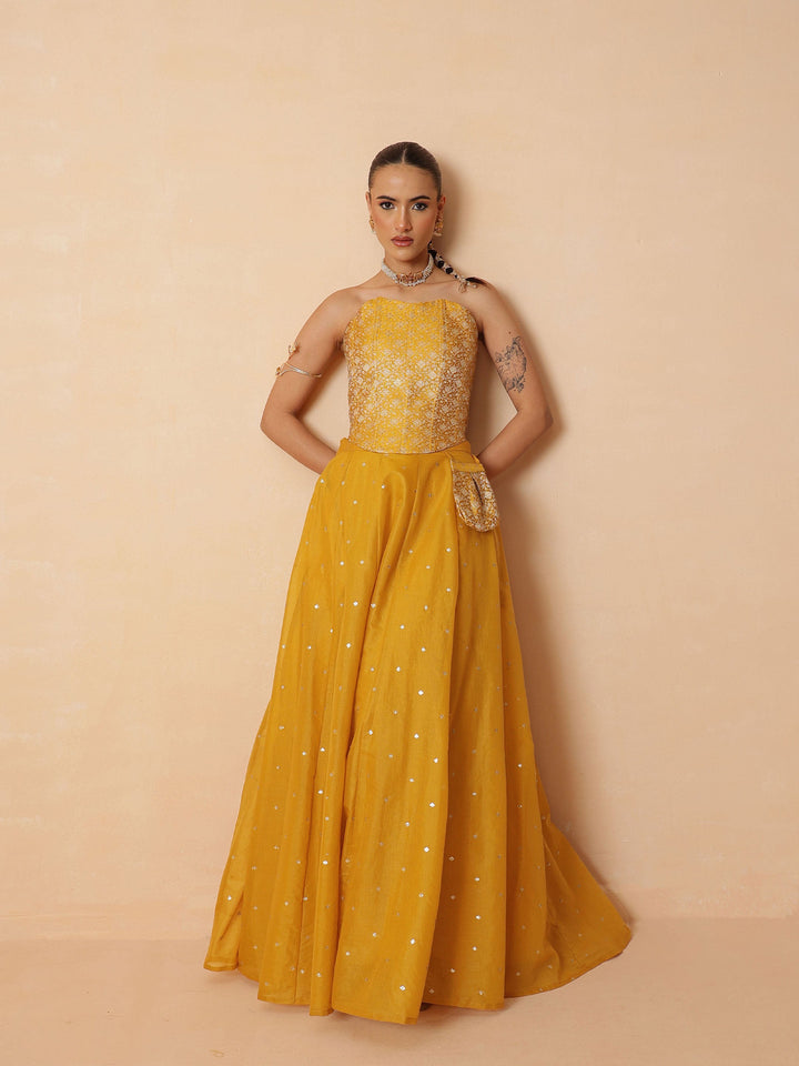 Women Yellow Brocade Corset Top With Chanderi Anarkali Skirt