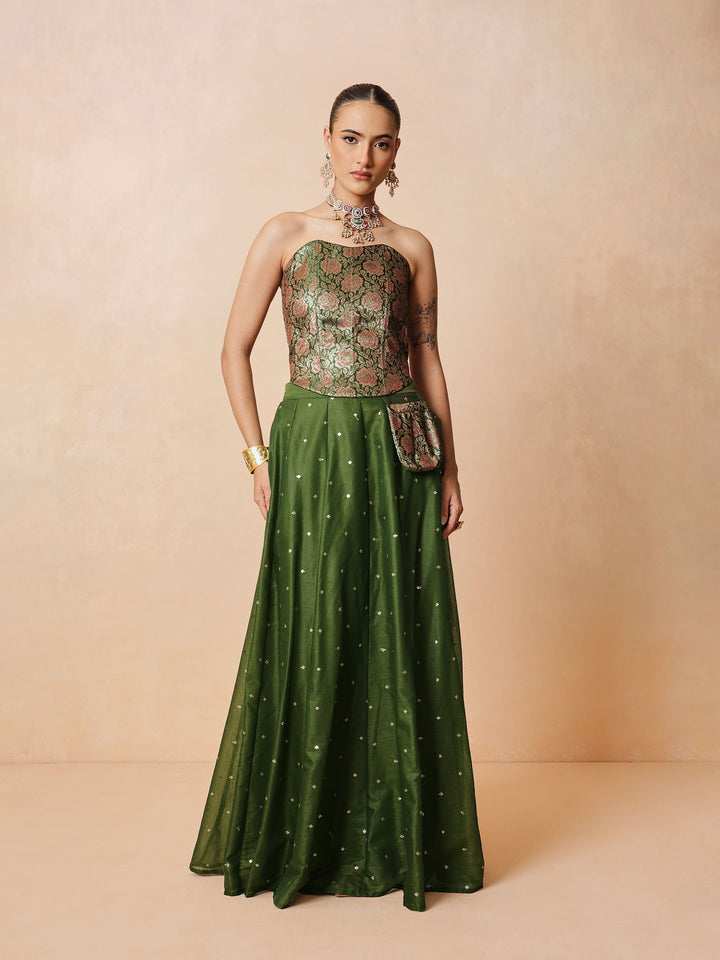 Women Olive Brocade Corset Top With Chanderi Anarkali Skirt