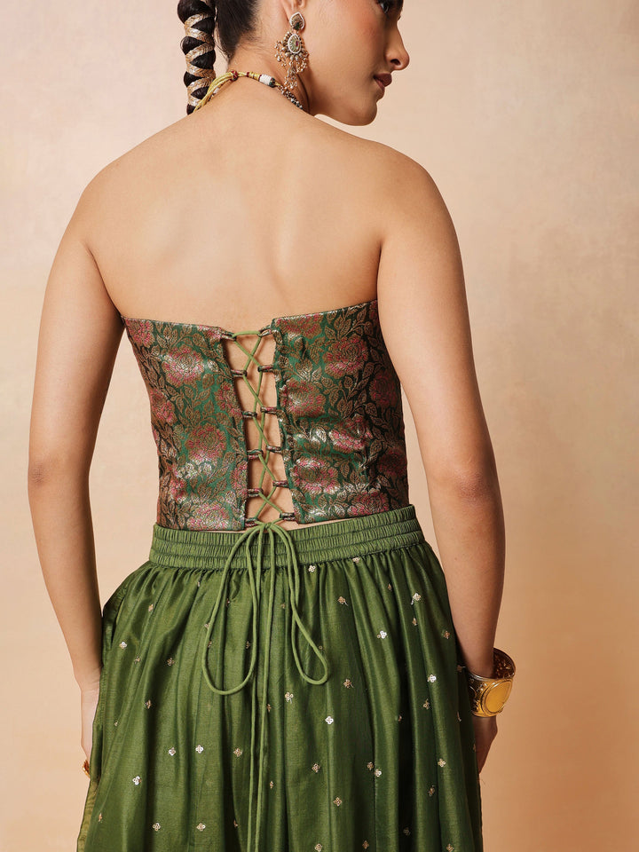 Women Olive Brocade Corset Top With Chanderi Anarkali Skirt