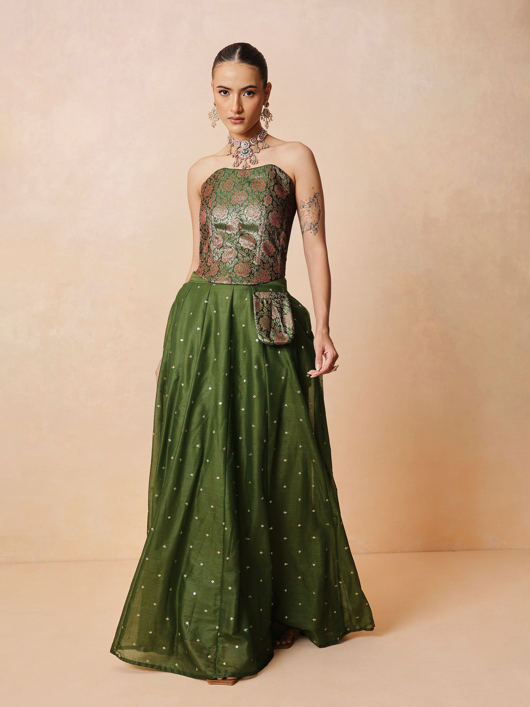 Women Olive Brocade Corset Top With Chanderi Anarkali Skirt