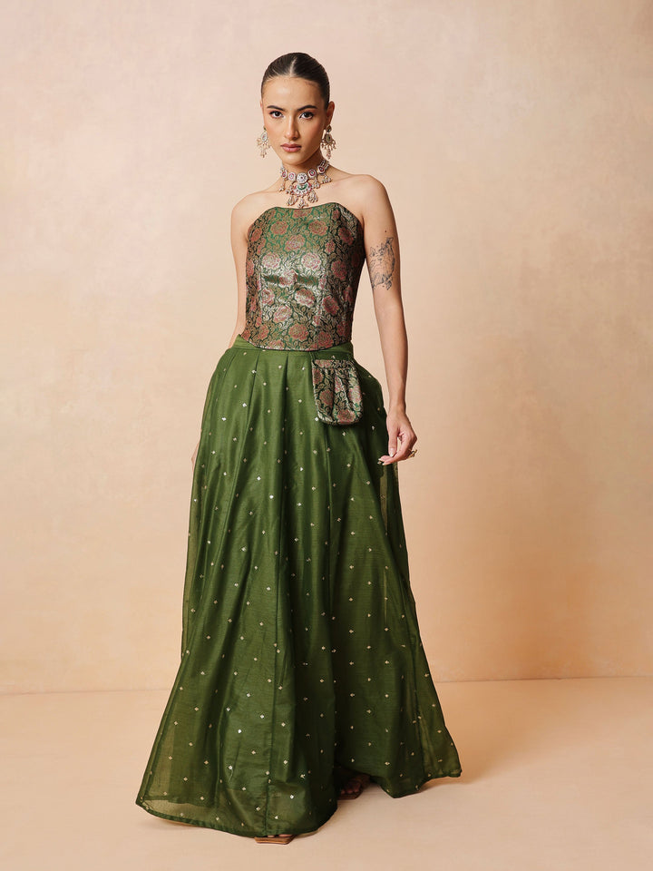 Women Olive Brocade Corset Top With Chanderi Anarkali Skirt