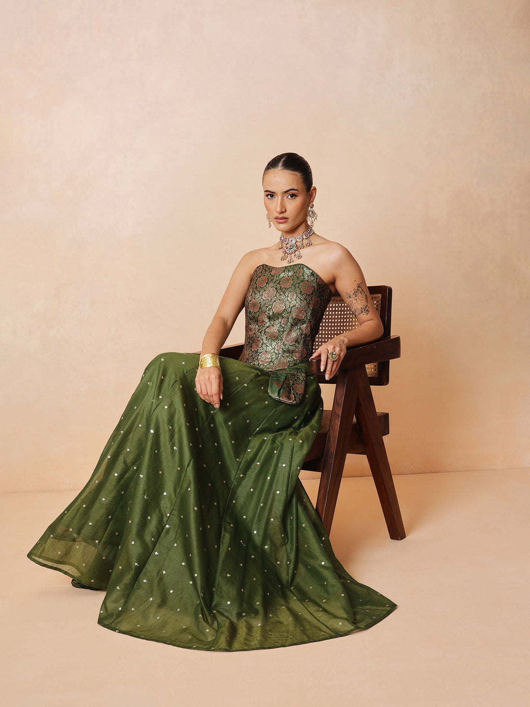 Women Olive Brocade Corset Top With Chanderi Anarkali Skirt