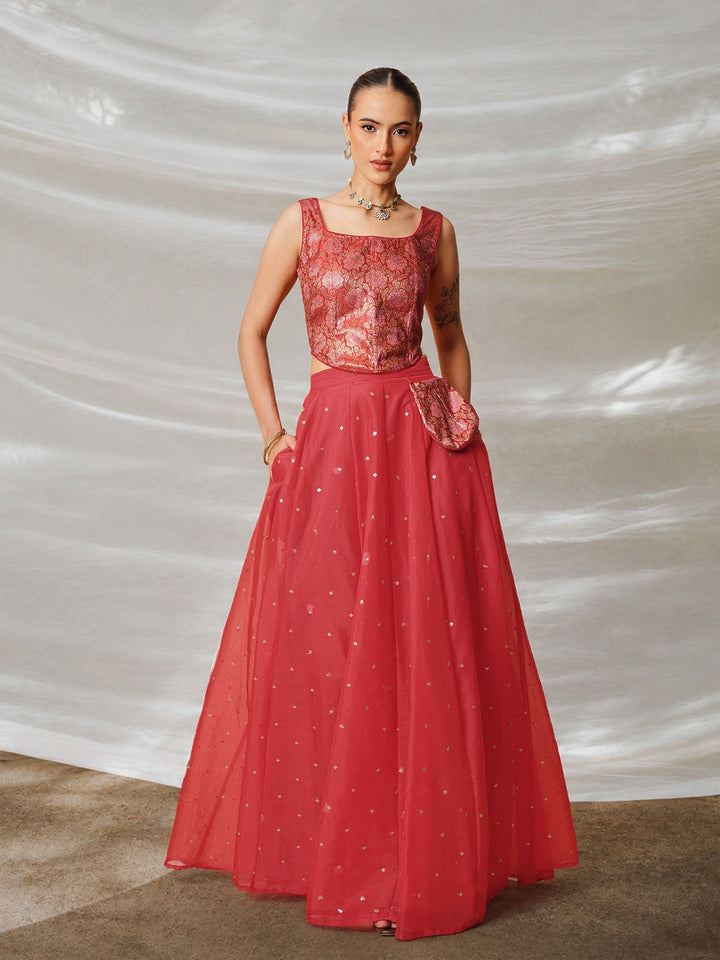 Women Red Brocade Corset Top With Chanderi Anarkali Skirt