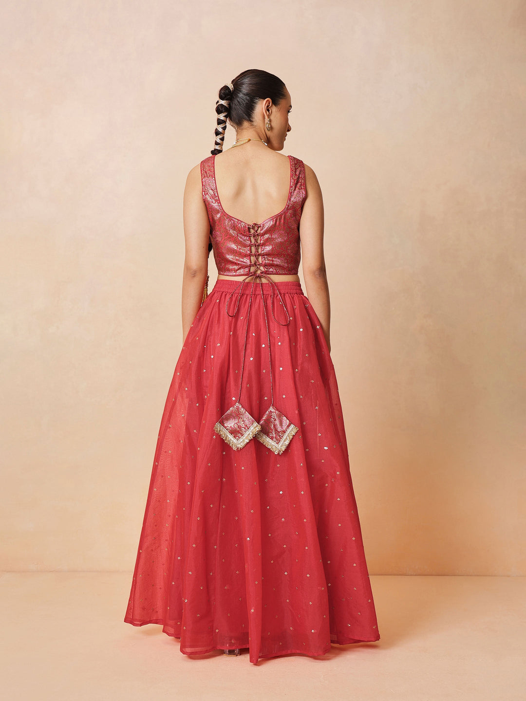 Women Red Brocade Corset Top With Chanderi Anarkali Skirt