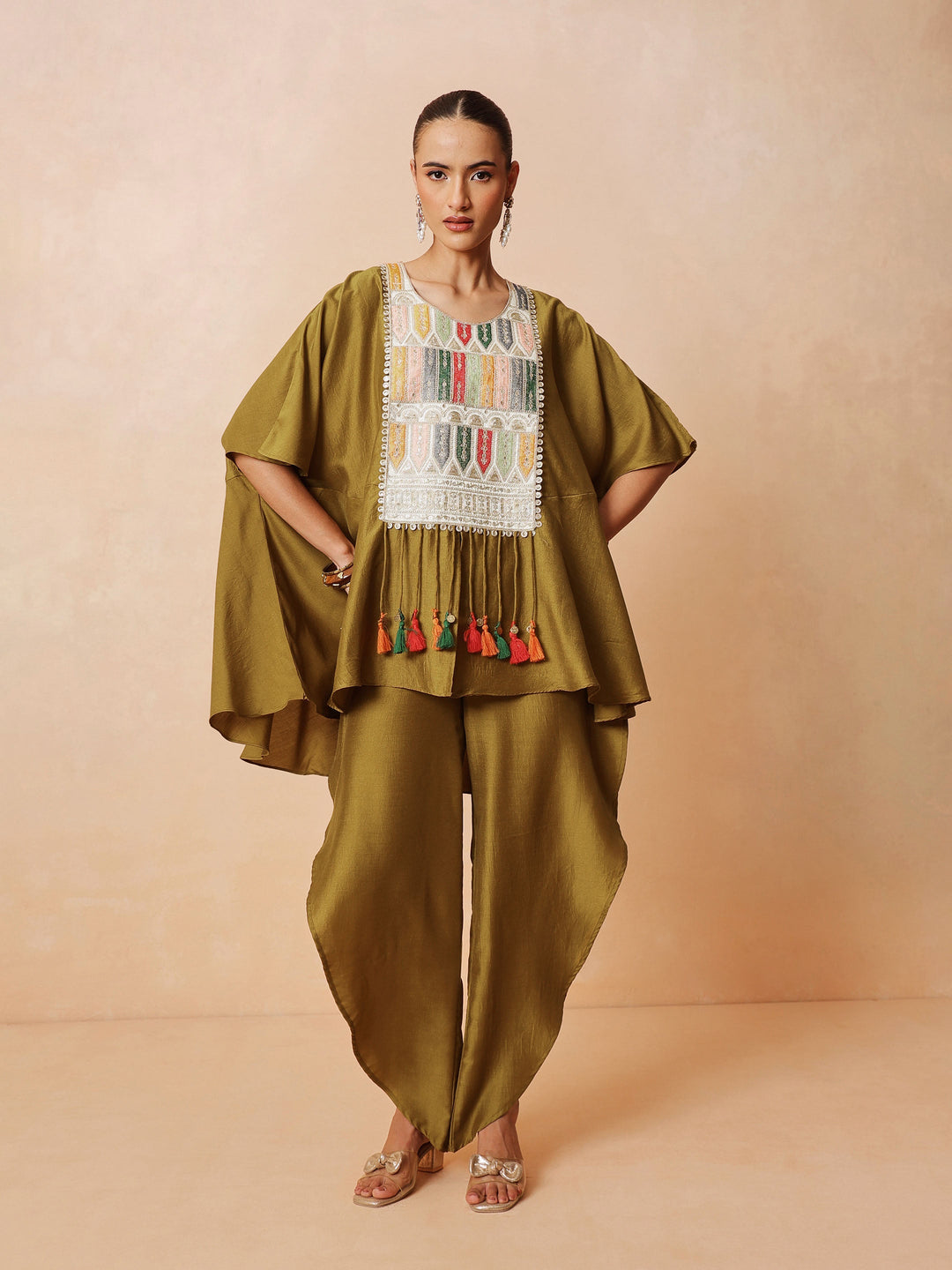 Women Mustard Embroidered Patch Kaftan With Tulip Pants
