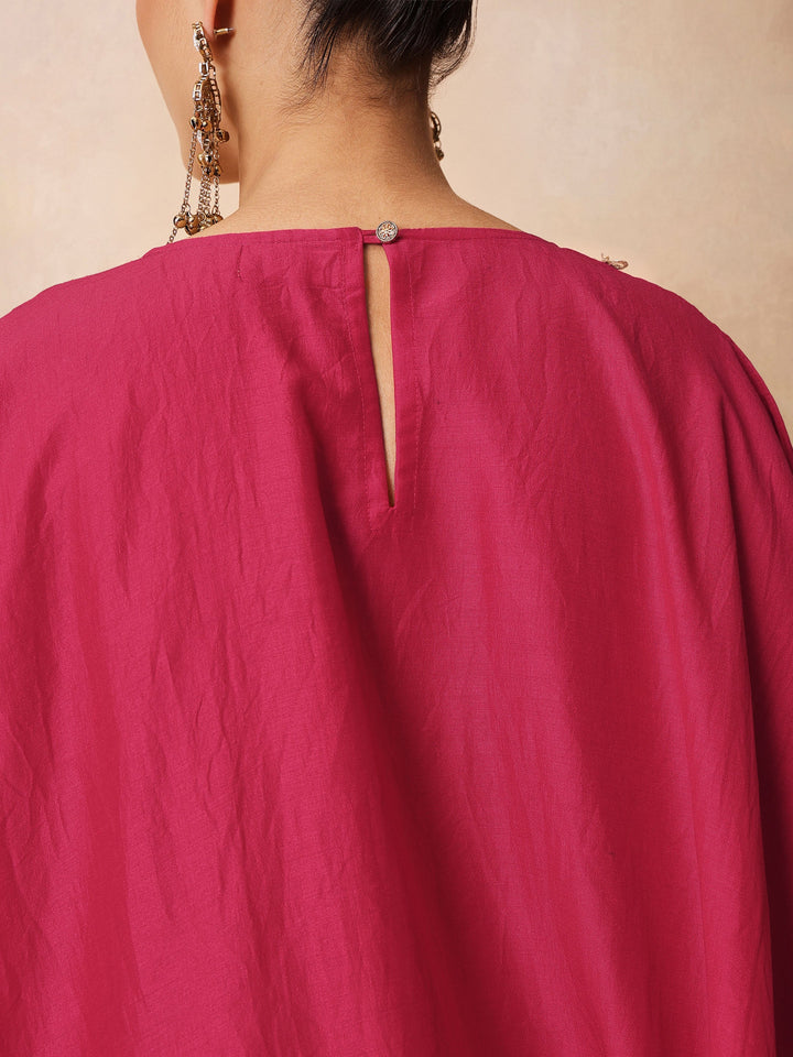 Women Fuchsia Embroidered Patch Kaftan With Tulip Pants