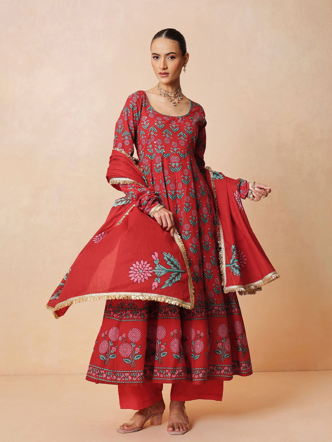 Women Red Floral Anarkali Kurta With Pencil Pants &amp; Dupatta