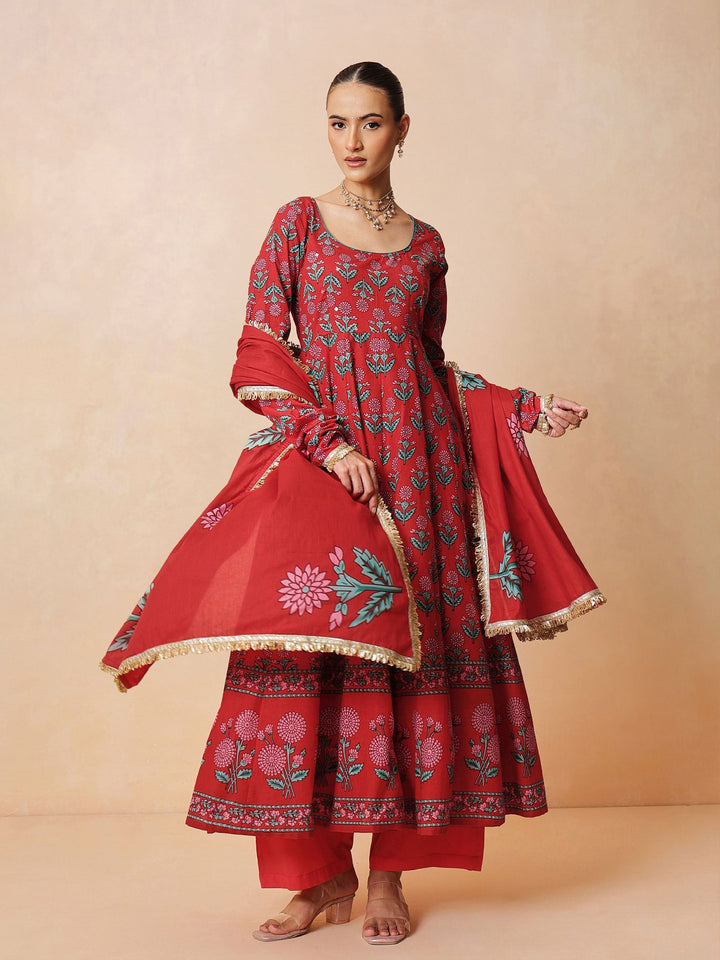 Women Red Floral Anarkali Kurta With Pencil Pants &amp; Dupatta