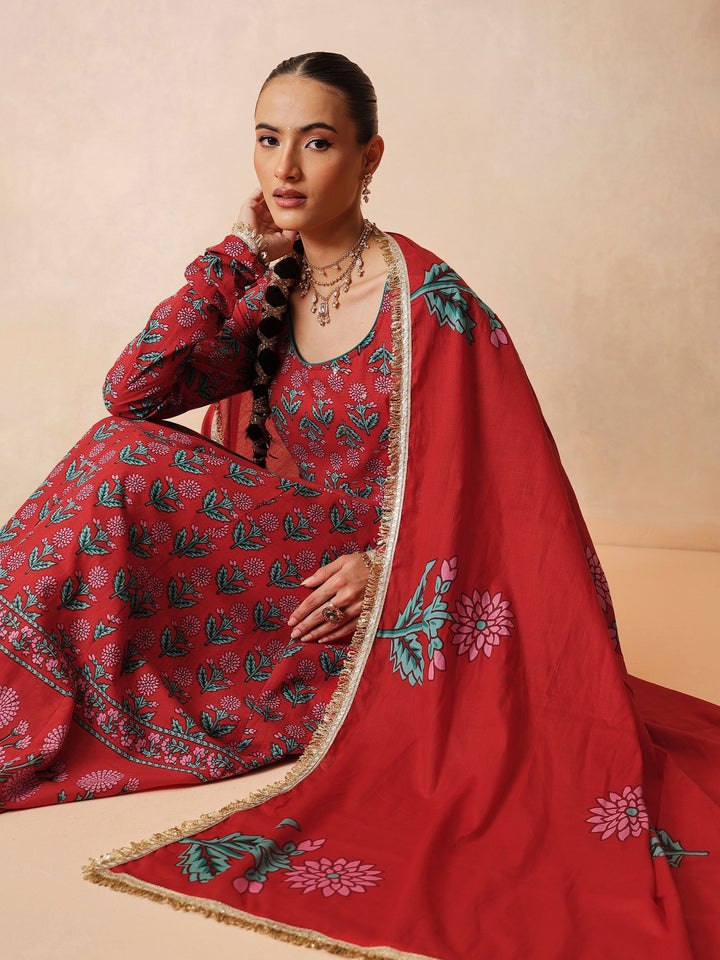 Women Red Floral Anarkali Kurta With Pencil Pants &amp; Dupatta
