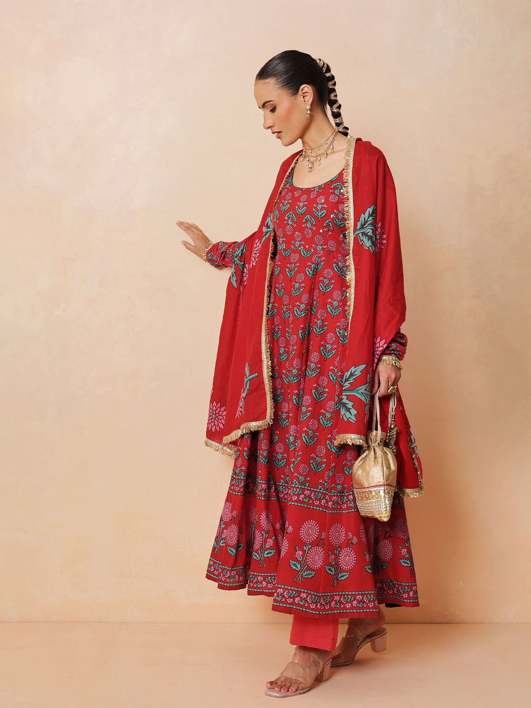 Women Red Floral Anarkali Kurta With Pencil Pants &amp; Dupatta