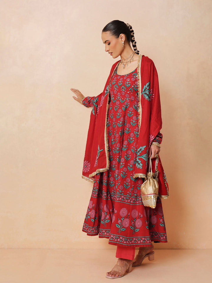Women Red Floral Anarkali Kurta With Pencil Pants &amp; Dupatta