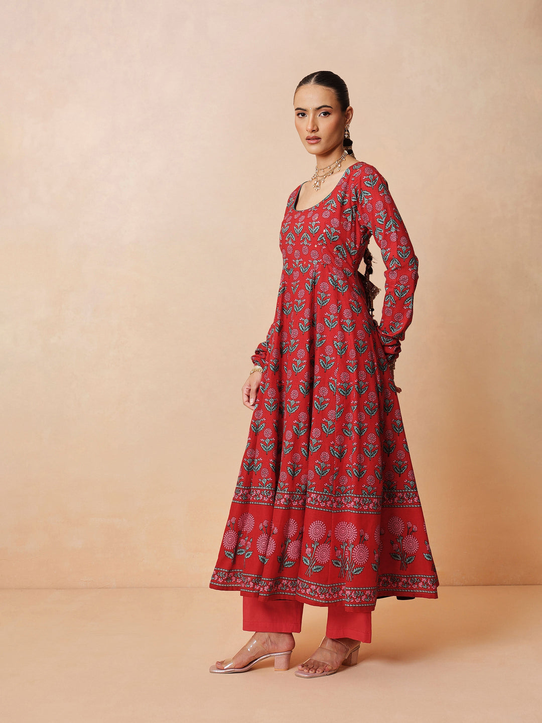 Women Red Floral Anarkali Kurta With Pencil Pants &amp; Dupatta