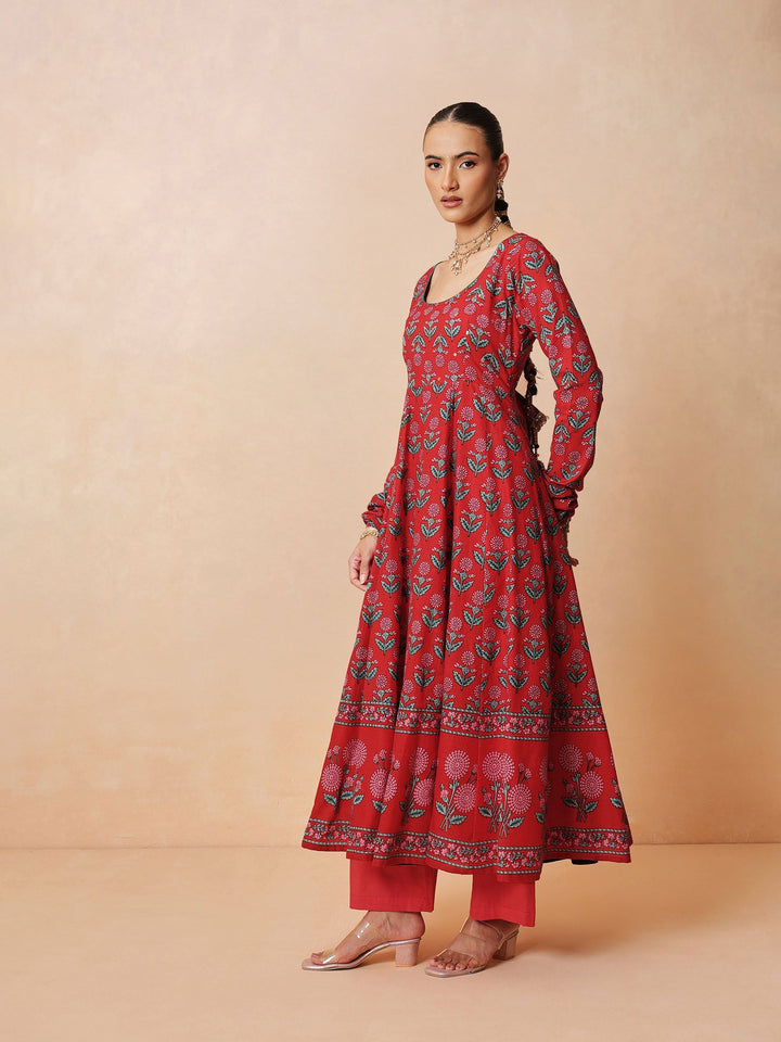 Women Red Floral Anarkali Kurta With Pencil Pants &amp; Dupatta