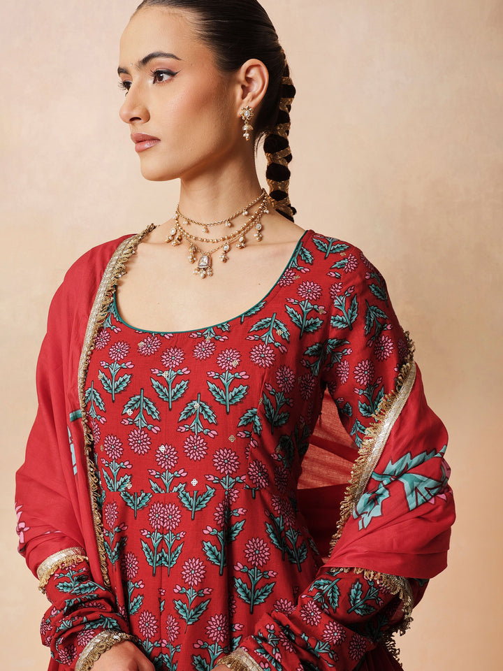 Women Red Floral Anarkali Kurta With Pencil Pants &amp; Dupatta