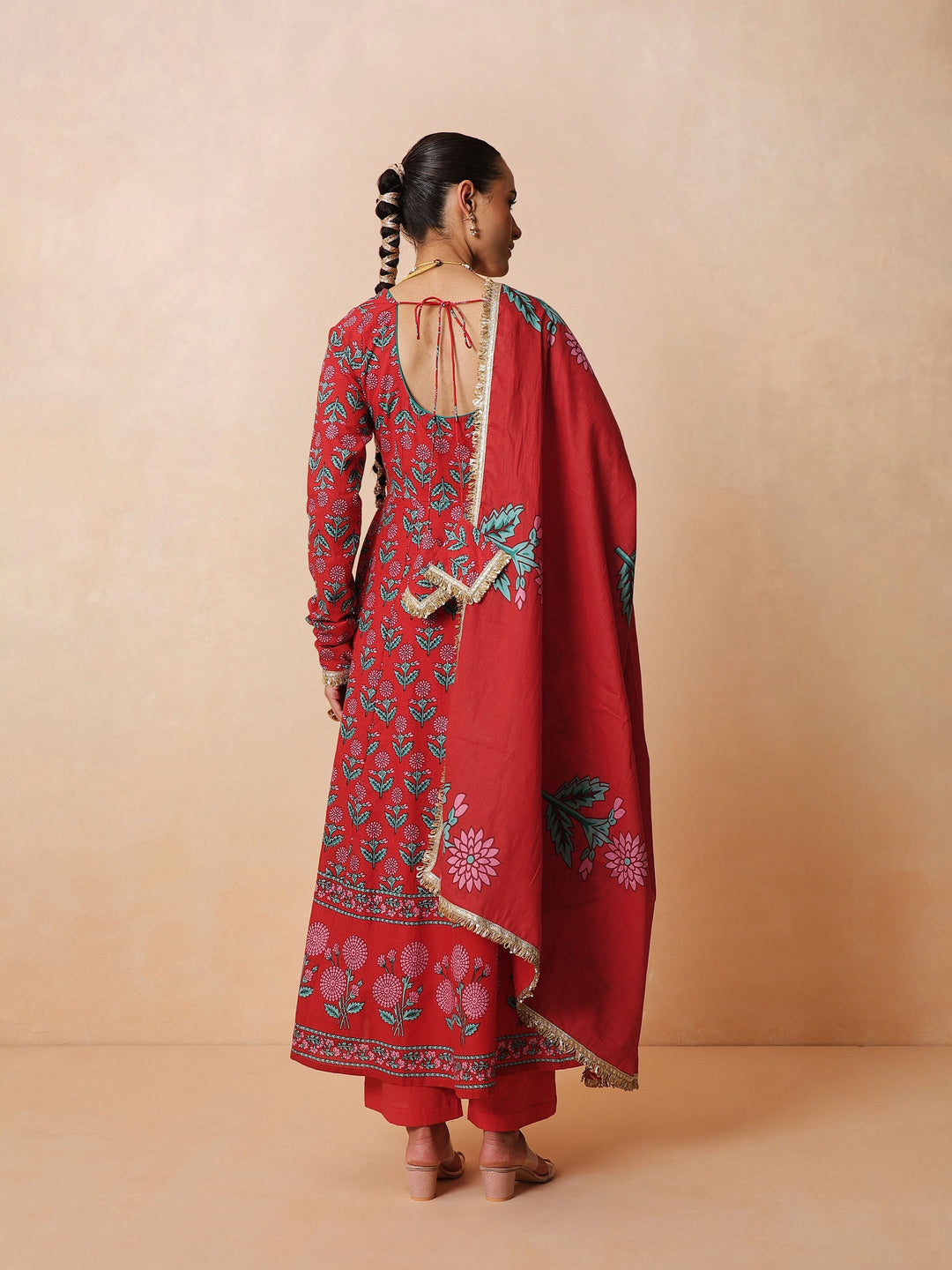Women Red Floral Anarkali Kurta With Pencil Pants &amp; Dupatta