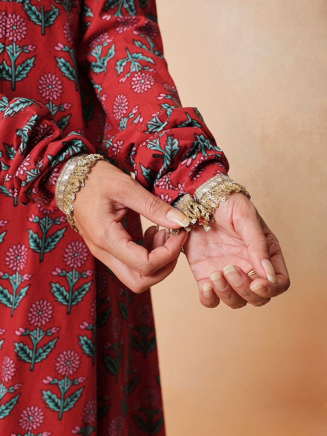 Women Red Floral Anarkali Kurta With Pencil Pants &amp; Dupatta