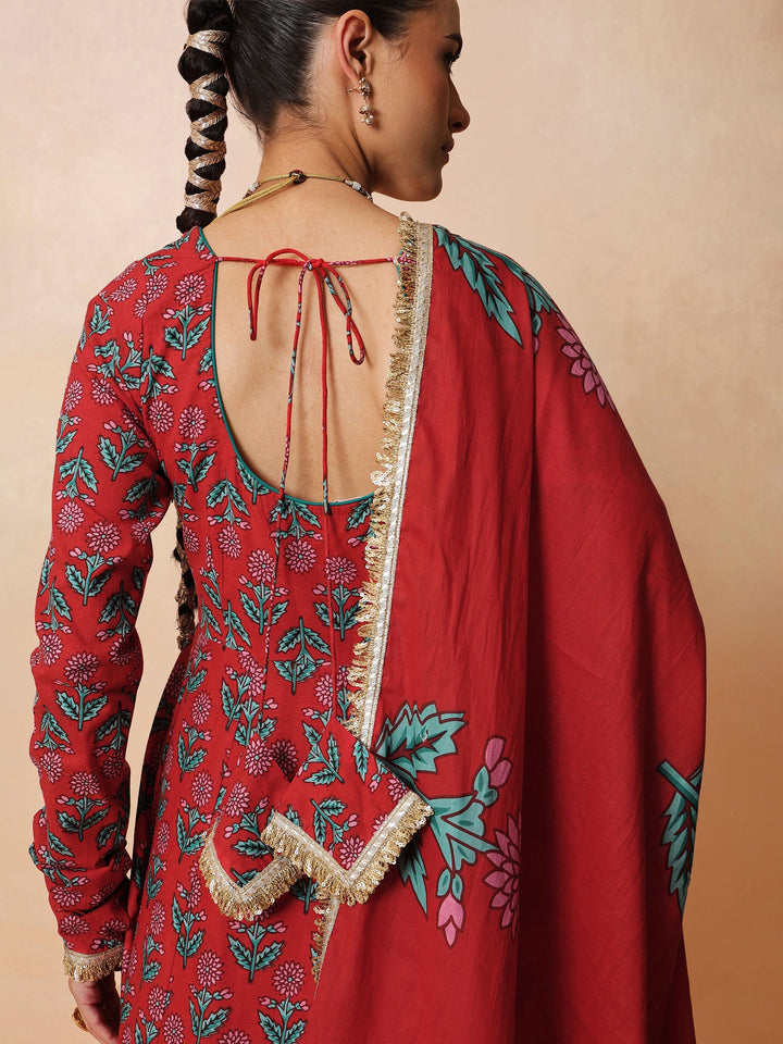 Women Red Floral Anarkali Kurta With Pencil Pants &amp; Dupatta