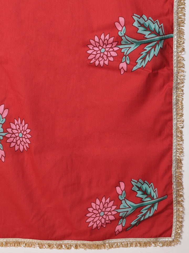 Women Red Floral Anarkali Kurta With Pencil Pants &amp; Dupatta
