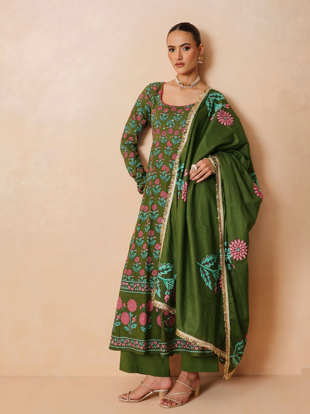 Women Olive Floral Anarkali Kurta With Pencil Pants &amp; Dupatta