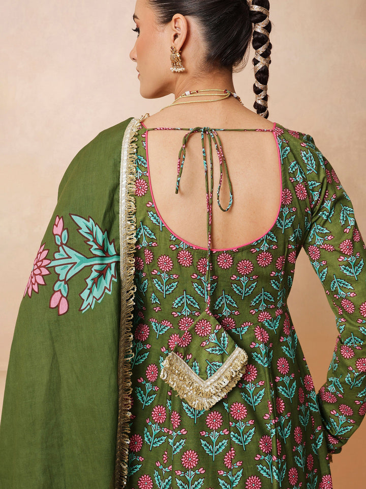 Women Olive Floral Anarkali Kurta With Pencil Pants &amp; Dupatta