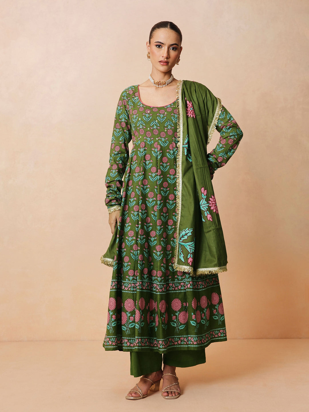 Women Olive Floral Anarkali Kurta With Pencil Pants &amp; Dupatta