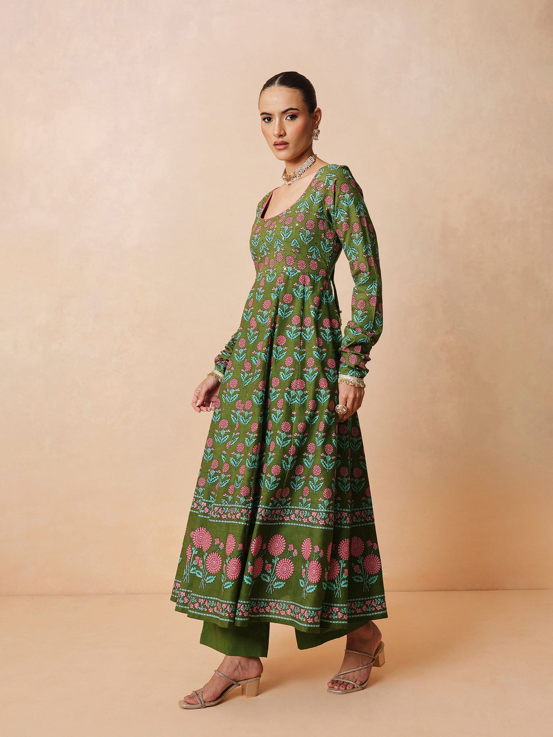Women Olive Floral Anarkali Kurta With Pencil Pants &amp; Dupatta