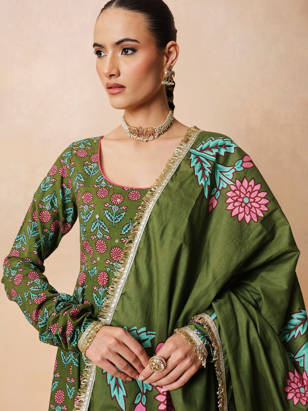 Women Olive Floral Anarkali Kurta With Pencil Pants &amp; Dupatta