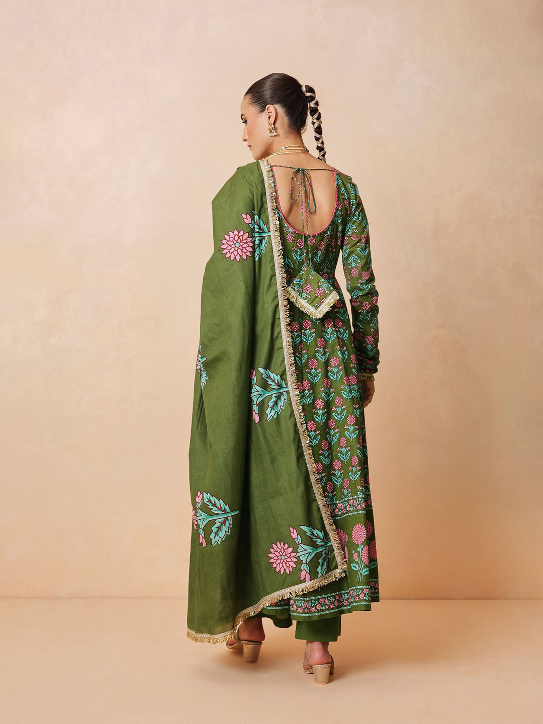 Women Olive Floral Anarkali Kurta With Pencil Pants &amp; Dupatta