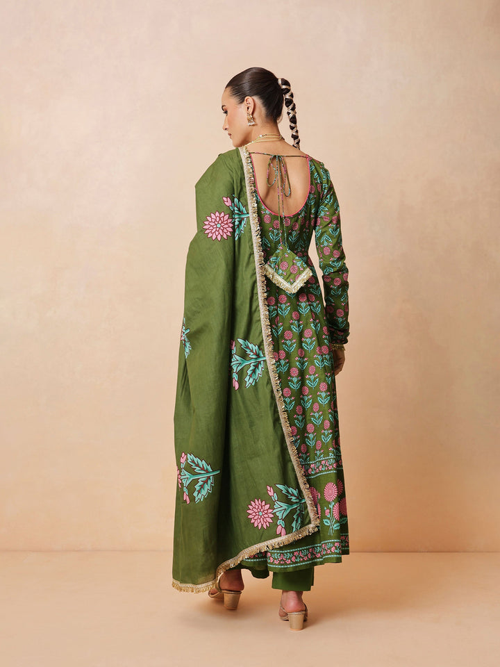 Women Olive Floral Anarkali Kurta With Pencil Pants &amp; Dupatta