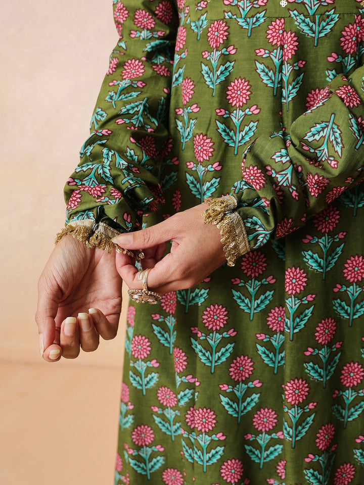 Women Olive Floral Anarkali Kurta With Pencil Pants &amp; Dupatta