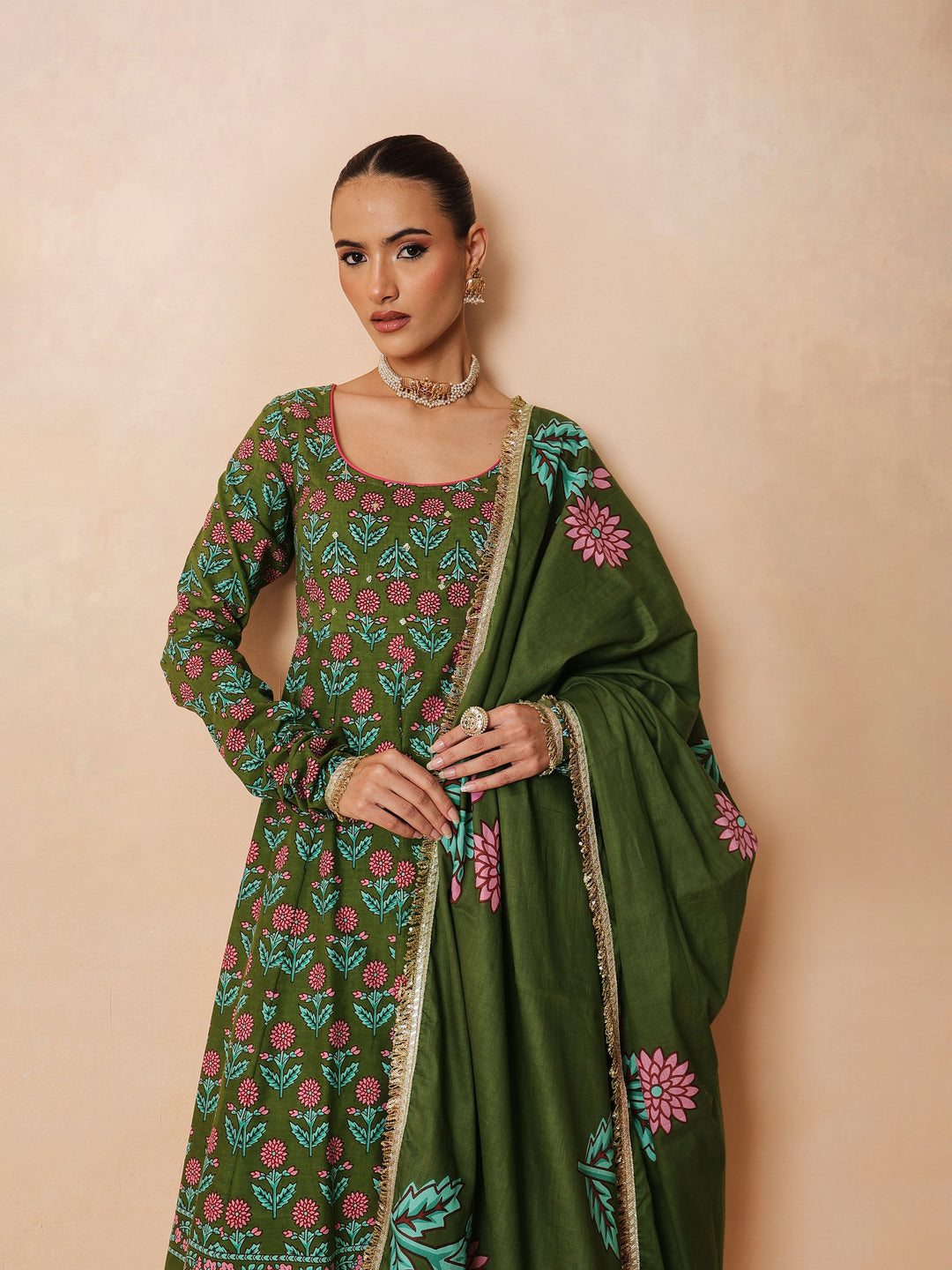 Women Olive Floral Anarkali Kurta With Pencil Pants &amp; Dupatta