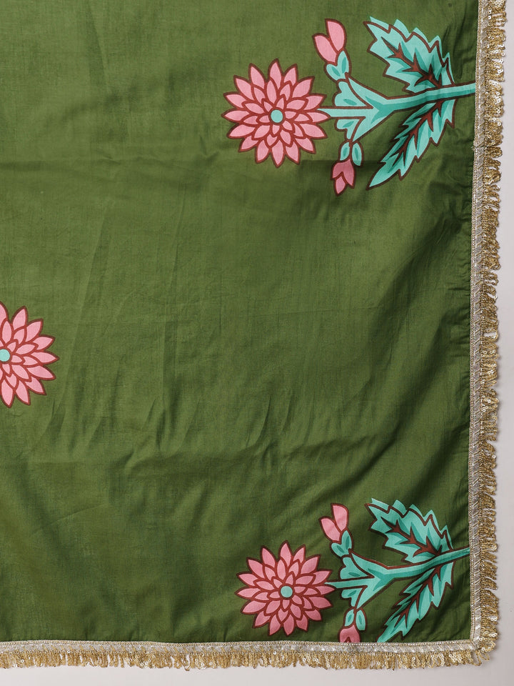Women Olive Floral Anarkali Kurta With Pencil Pants &amp; Dupatta