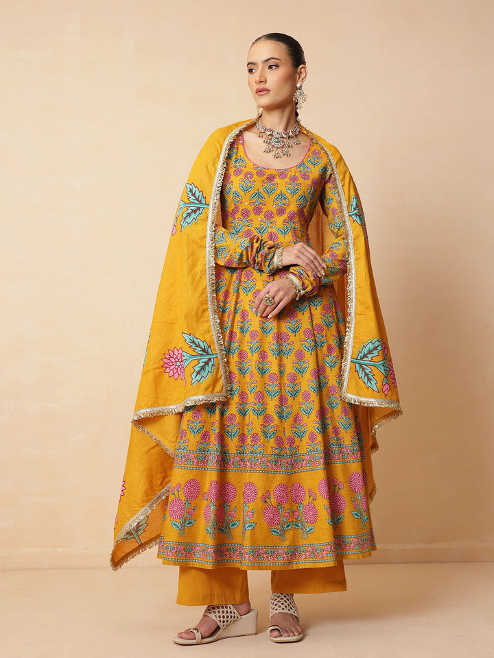 Women Yellow Floral Cotton Anarkali Kurta With Pencil Pants &amp; Dupatta