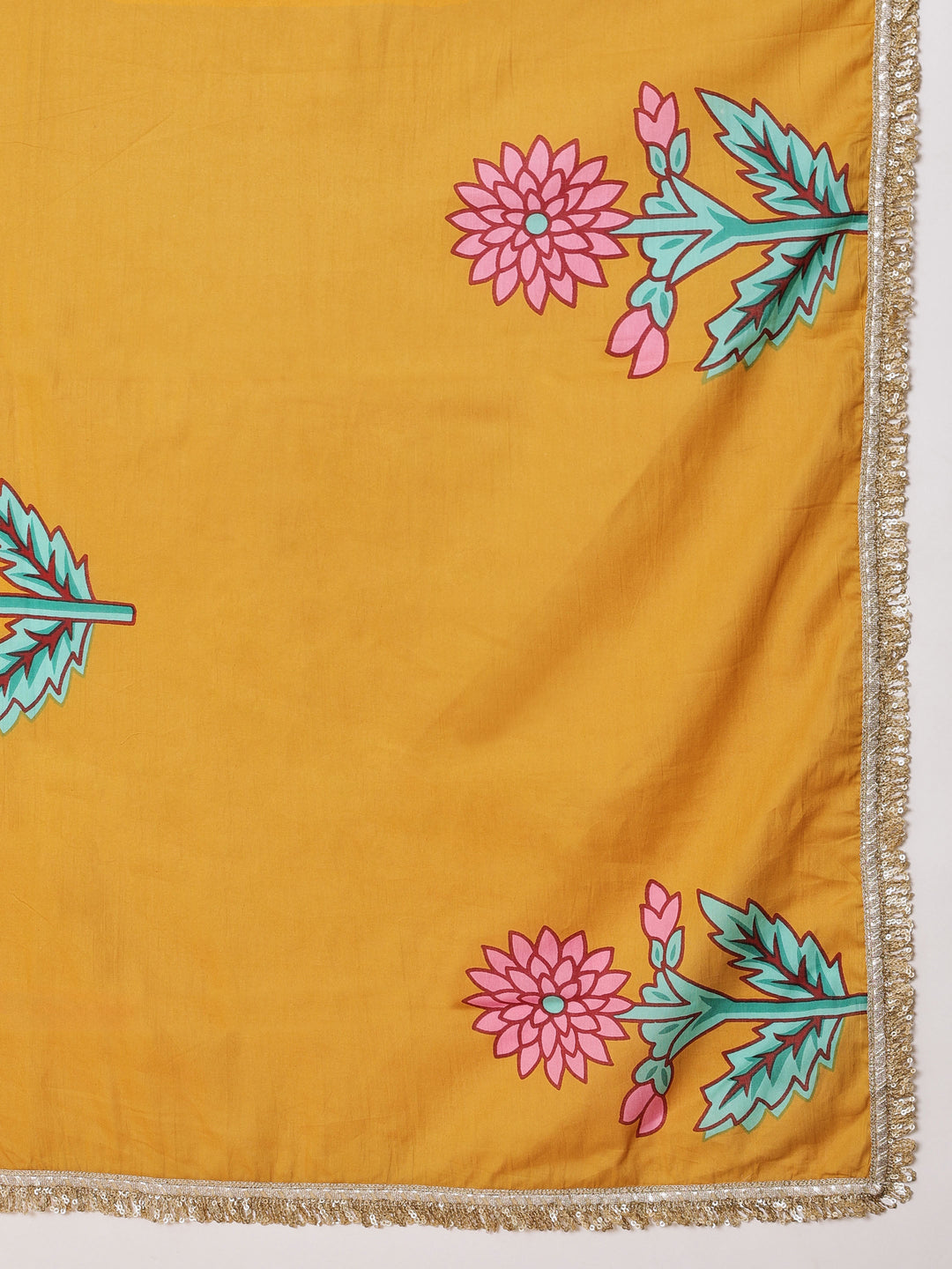 Women Yellow Floral Cotton Anarkali Kurta With Pencil Pants &amp; Dupatta
