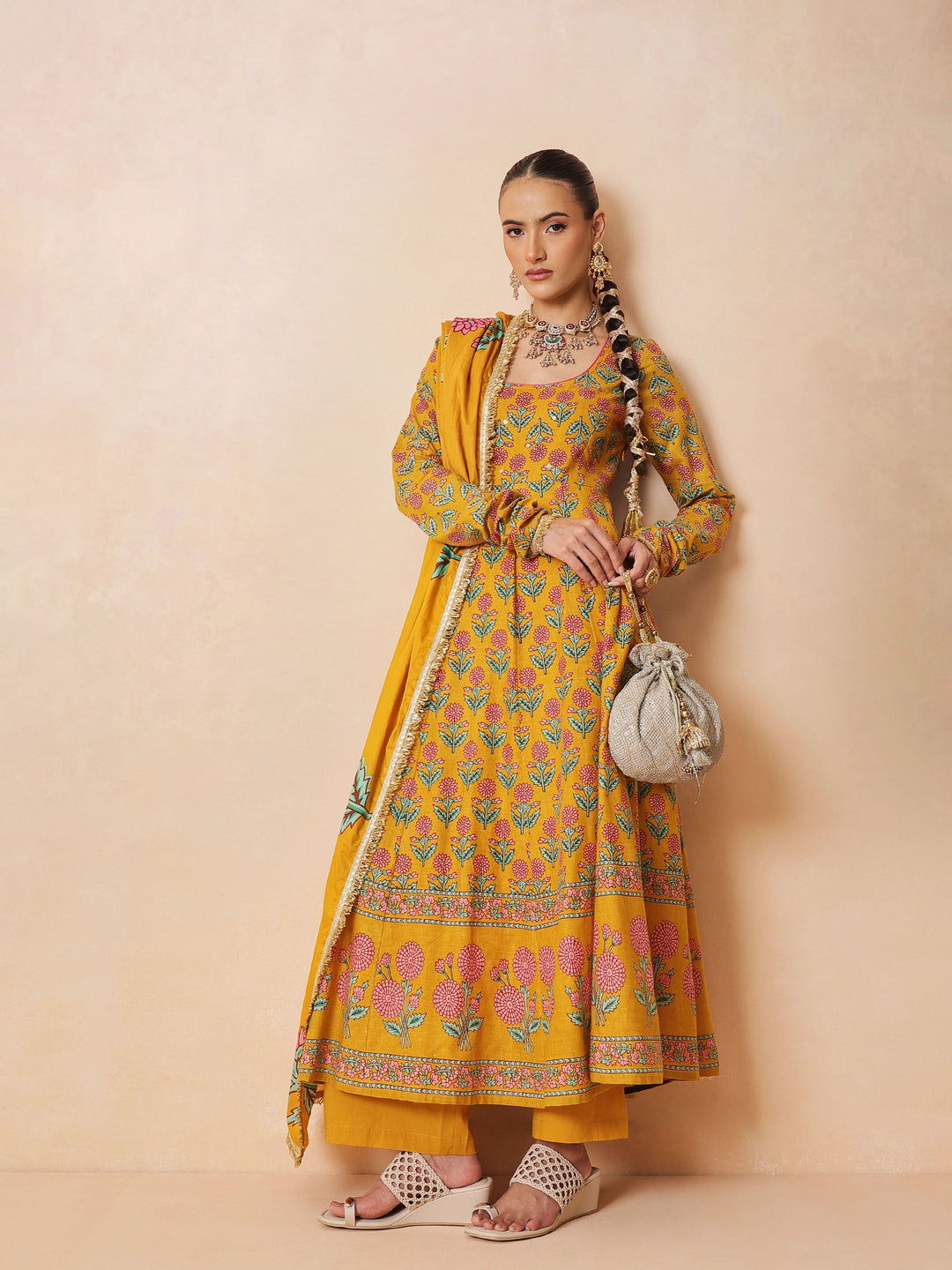Women Yellow Floral Cotton Anarkali Kurta With Pencil Pants &amp; Dupatta