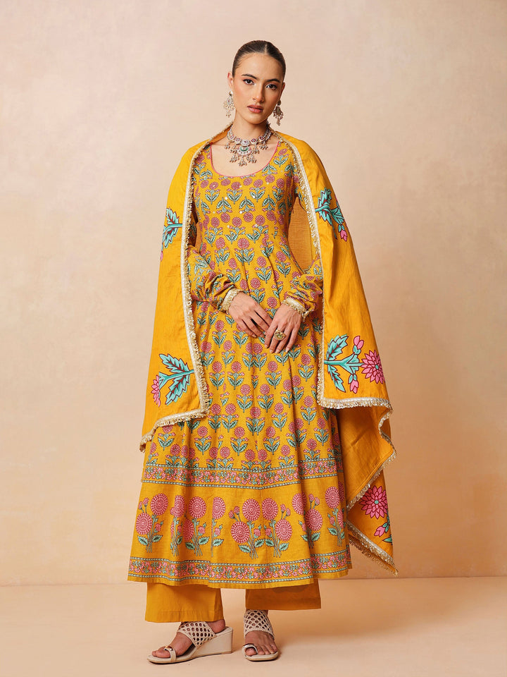 Women Yellow Floral Cotton Anarkali Kurta With Pencil Pants &amp; Dupatta