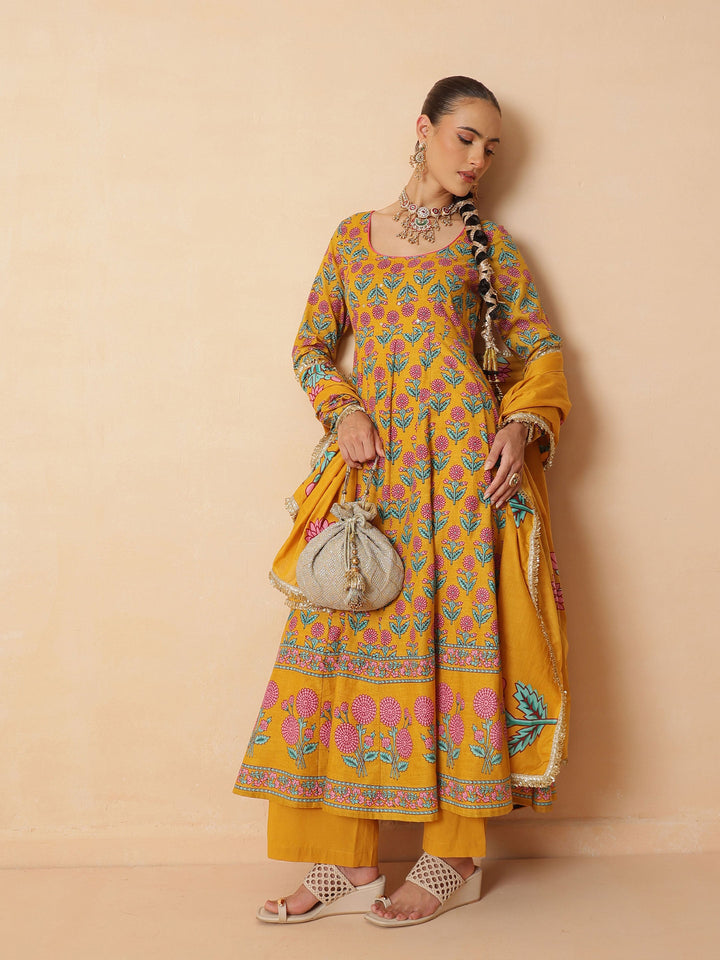 Women Yellow Floral Cotton Anarkali Kurta With Pencil Pants &amp; Dupatta