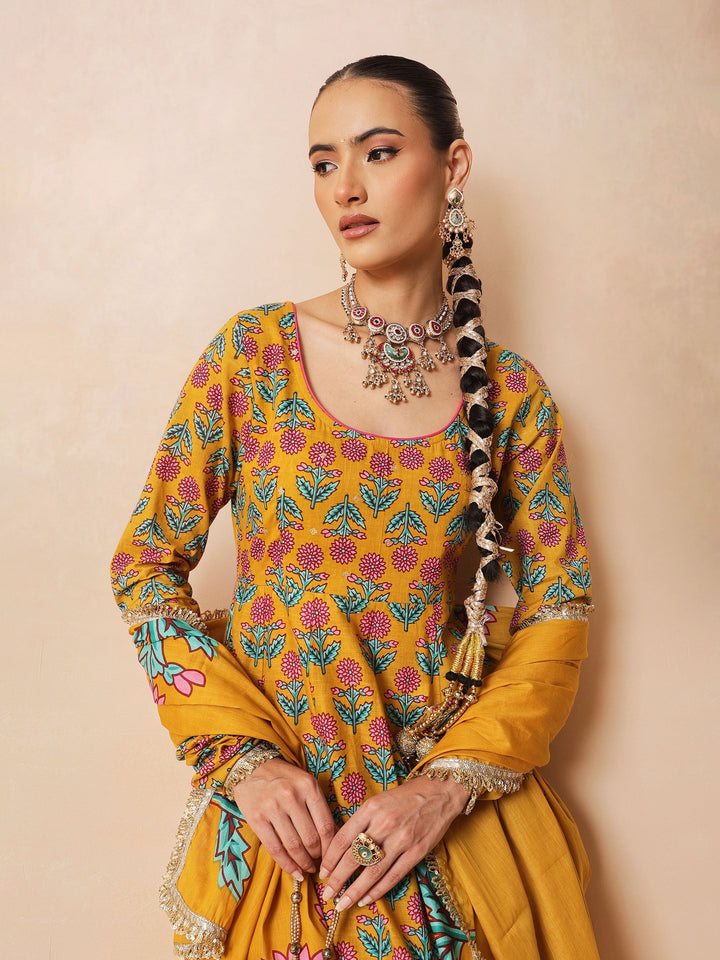 Women Yellow Floral Cotton Anarkali Kurta With Pencil Pants &amp; Dupatta