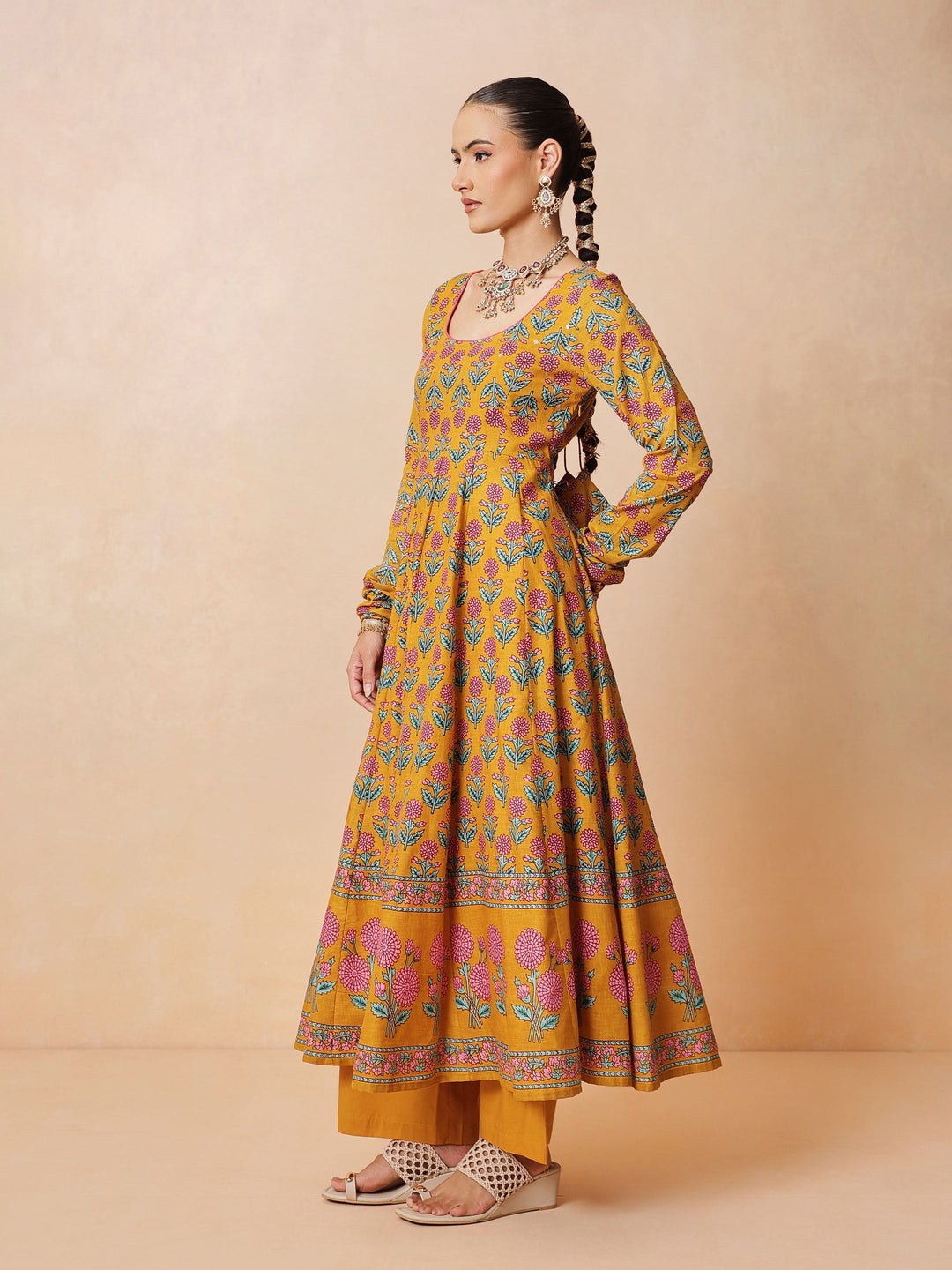 Women Yellow Floral Cotton Anarkali Kurta With Pencil Pants &amp; Dupatta