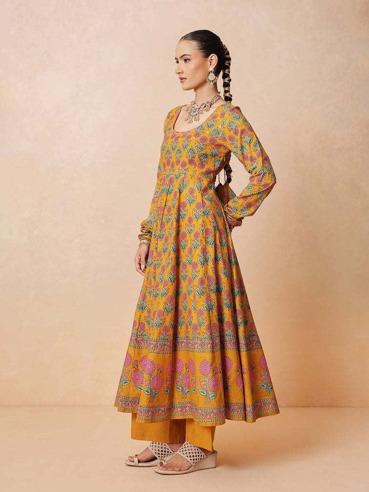 Women Yellow Floral Cotton Anarkali Kurta With Pencil Pants &amp; Dupatta