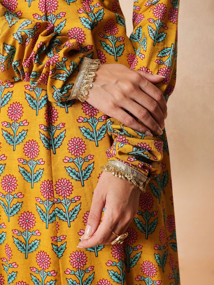 Women Yellow Floral Cotton Anarkali Kurta With Pencil Pants &amp; Dupatta